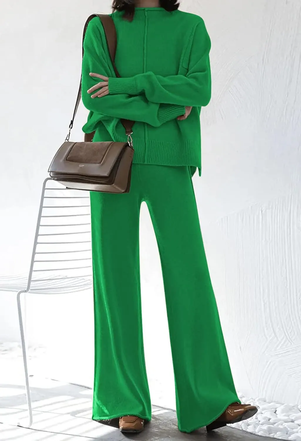 AOHITE Womens 2 Piece Outfit Set Long Sleeve Knit Pullover Sweater Top and Wide Leg Pants Sweatsuit