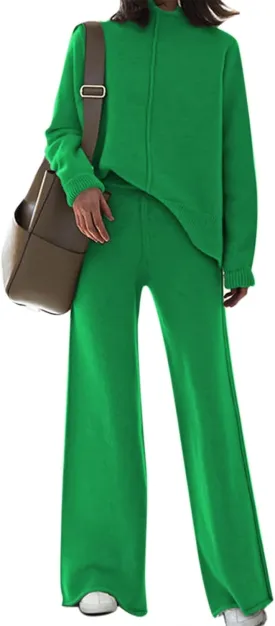 AOHITE Womens 2 Piece Outfit Set Long Sleeve Knit Pullover Sweater Top and Wide Leg Pants Sweatsuit