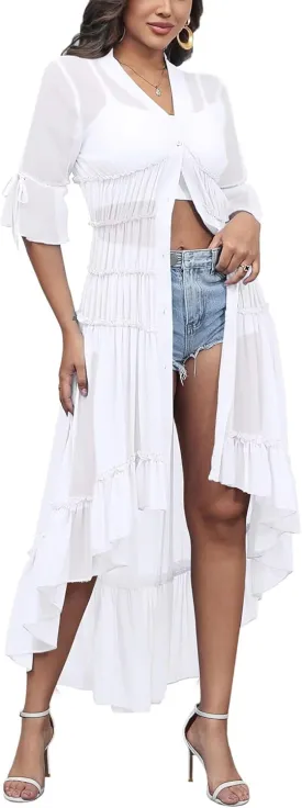 Aro Lora Women's Button Down Shirt Dress Sheer Chiffon V Neck Asymmetrical Ruffle Summer Beach Maxi Dress