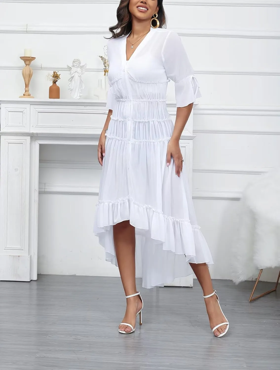 Aro Lora Women's Button Down Shirt Dress Sheer Chiffon V Neck Asymmetrical Ruffle Summer Beach Maxi Dress