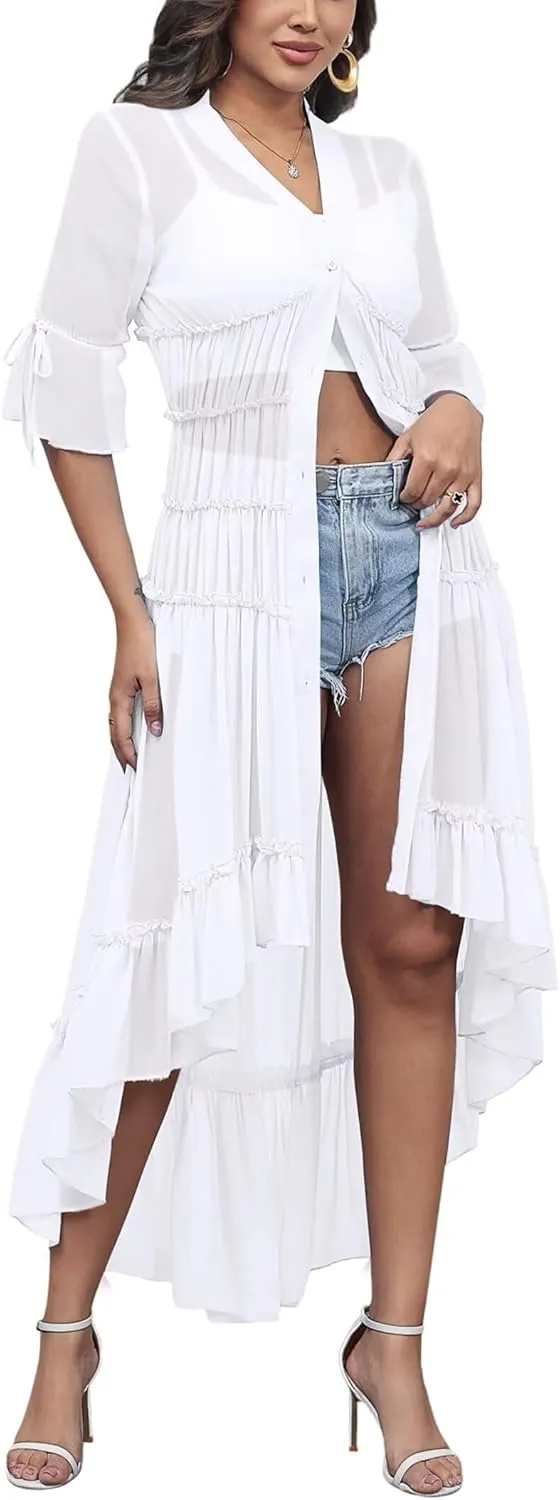 Aro Lora Women's Button Down Shirt Dress Sheer Chiffon V Neck Asymmetrical Ruffle Summer Beach Maxi Dress
