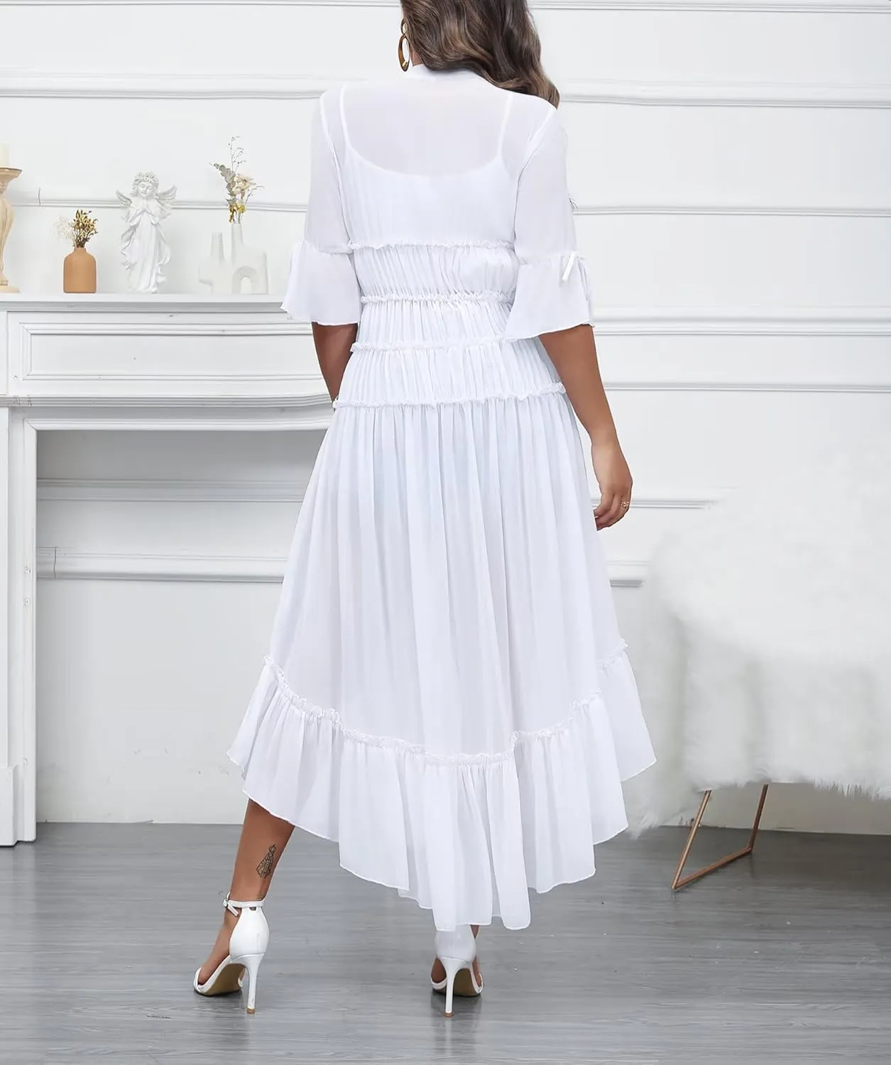 Aro Lora Women's Button Down Shirt Dress Sheer Chiffon V Neck Asymmetrical Ruffle Summer Beach Maxi Dress