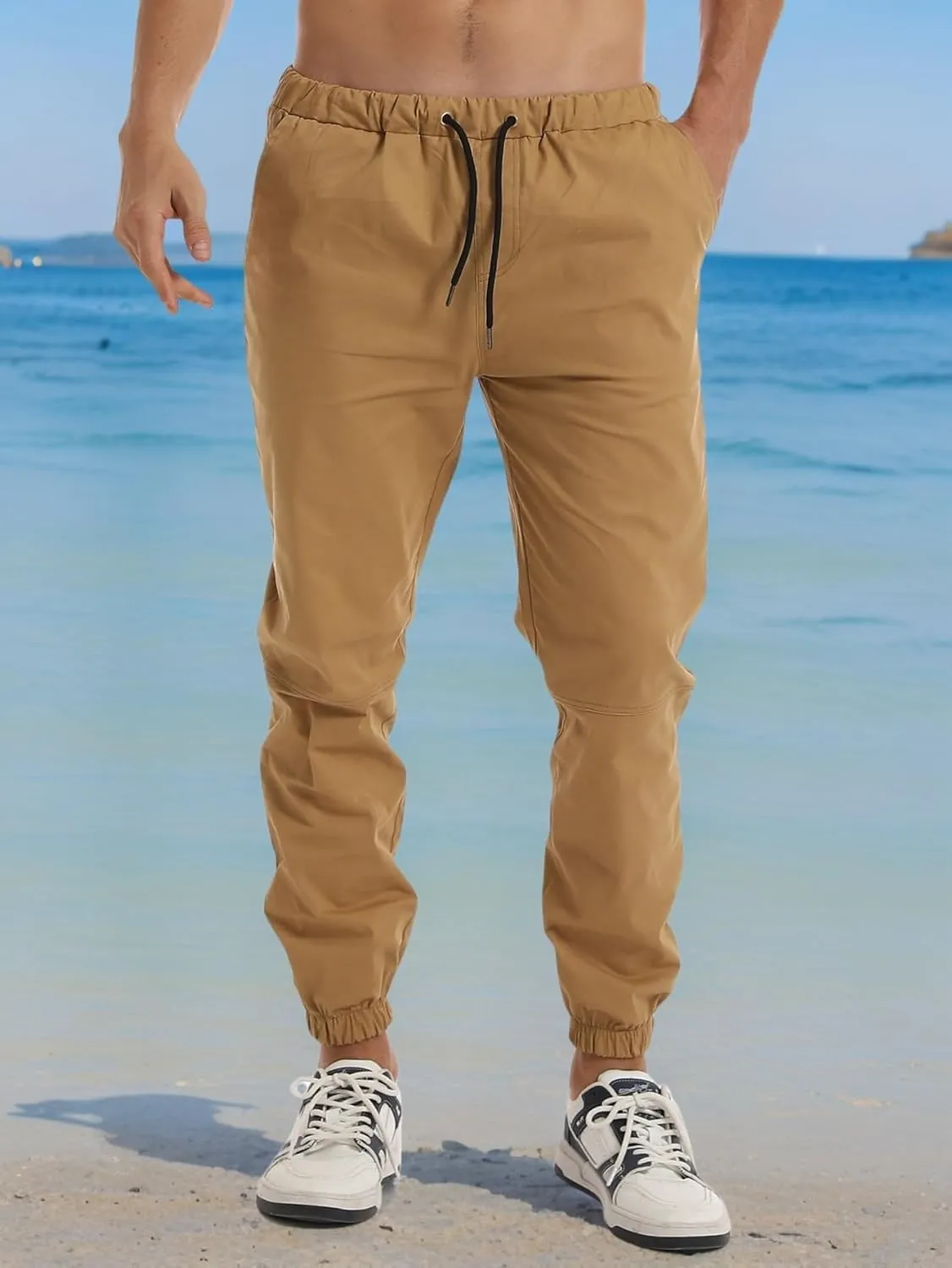 AUTIWITUA Men's Casual Jogger Pants Lightweight Cotton Drawstring Cargo Pants Outdoor Hiking Twill Track Tapered Pants