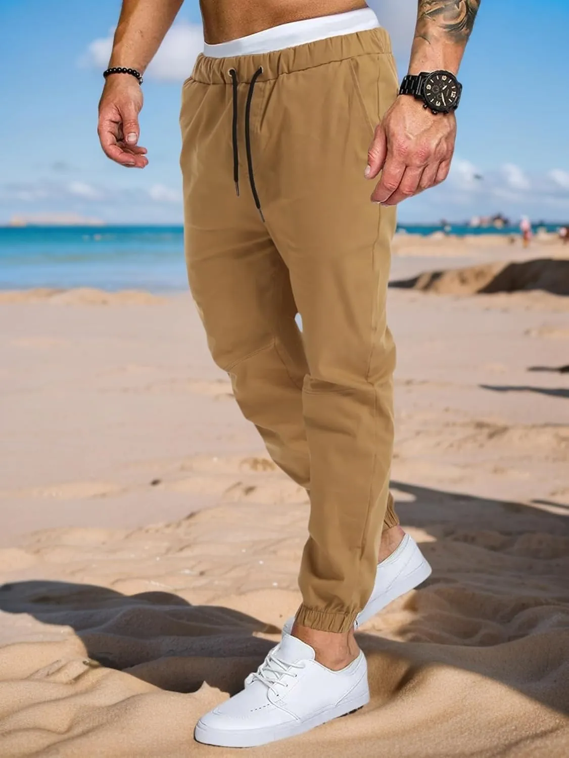 AUTIWITUA Men's Casual Jogger Pants Lightweight Cotton Drawstring Cargo Pants Outdoor Hiking Twill Track Tapered Pants