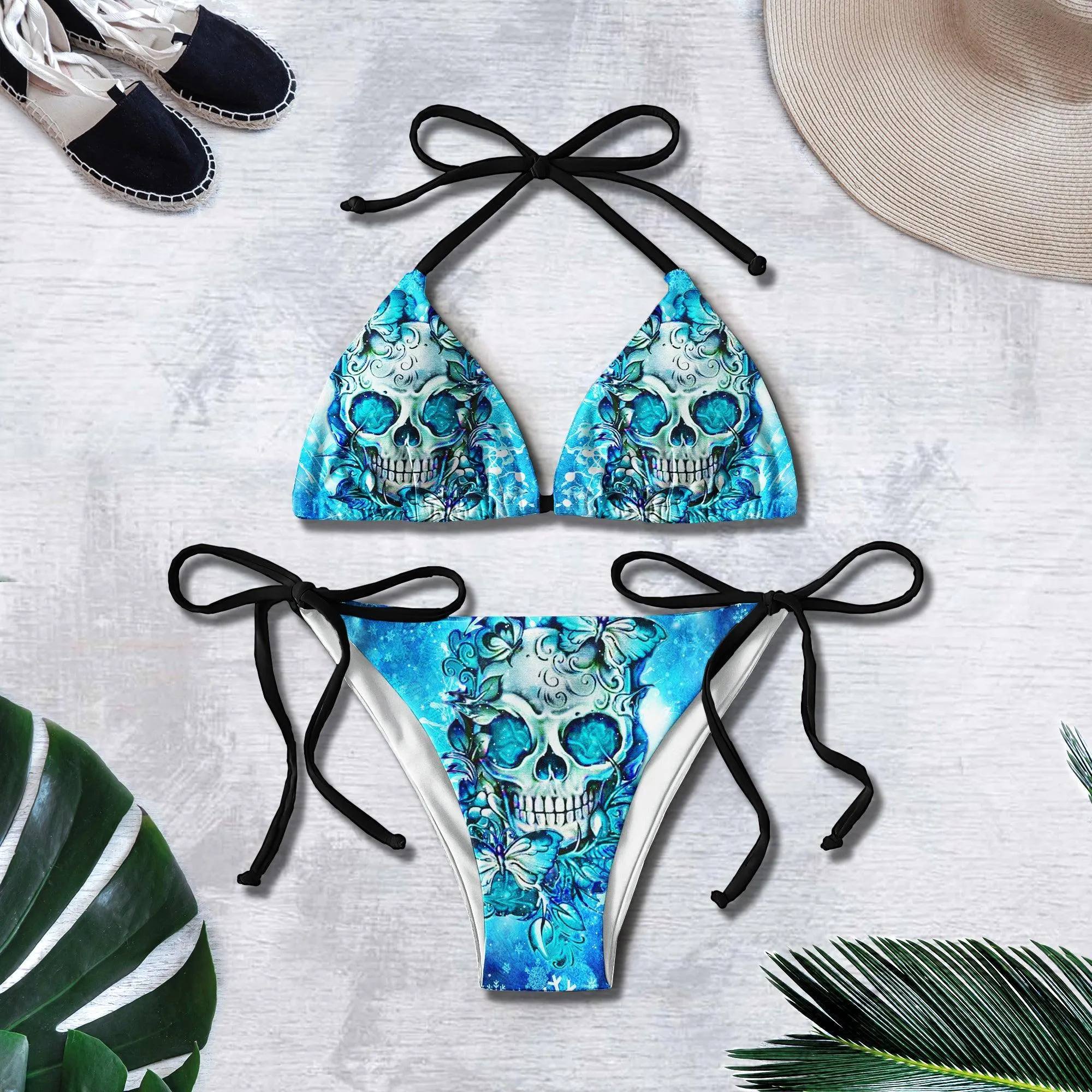 Blue Crystal Skull Ice Micro Triangle Bikini Swimsuit