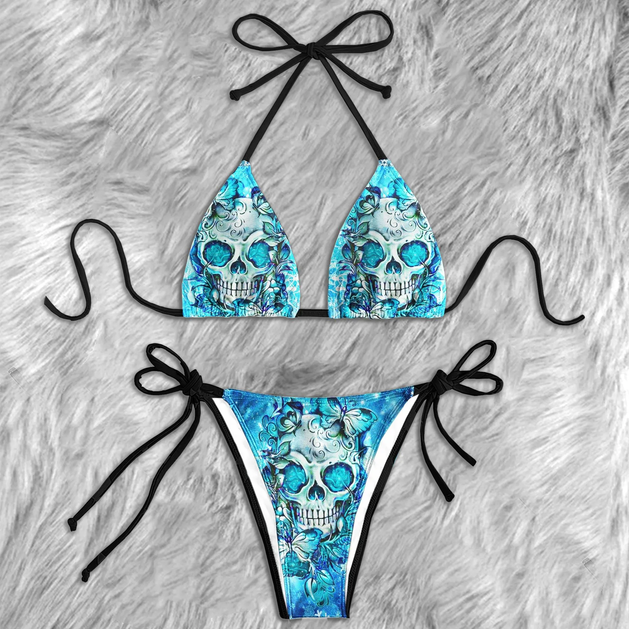 Blue Crystal Skull Ice Micro Triangle Bikini Swimsuit