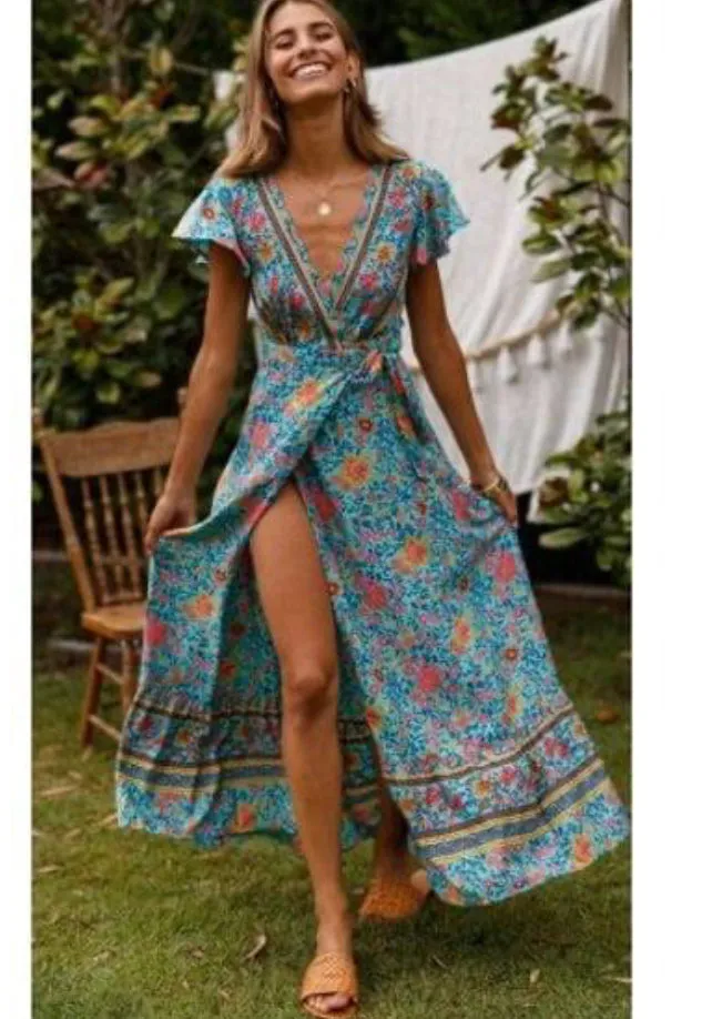 Boho Floral Summer Maxi Dress for Women, Bohemian Summer Dress