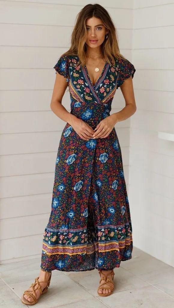 Boho Floral Summer Maxi Dress for Women, Bohemian Summer Dress