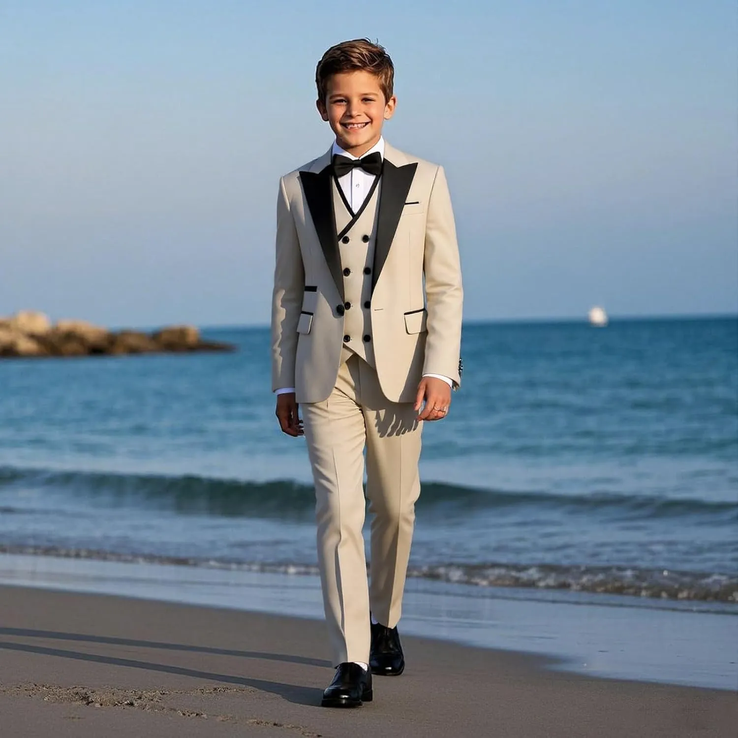 Boys Suit Set Slim Fit 4 Piece Formal Outfits Kids Suits Tuxedo Boys Vest Blazer Pants with Bow Tie for Wedding
