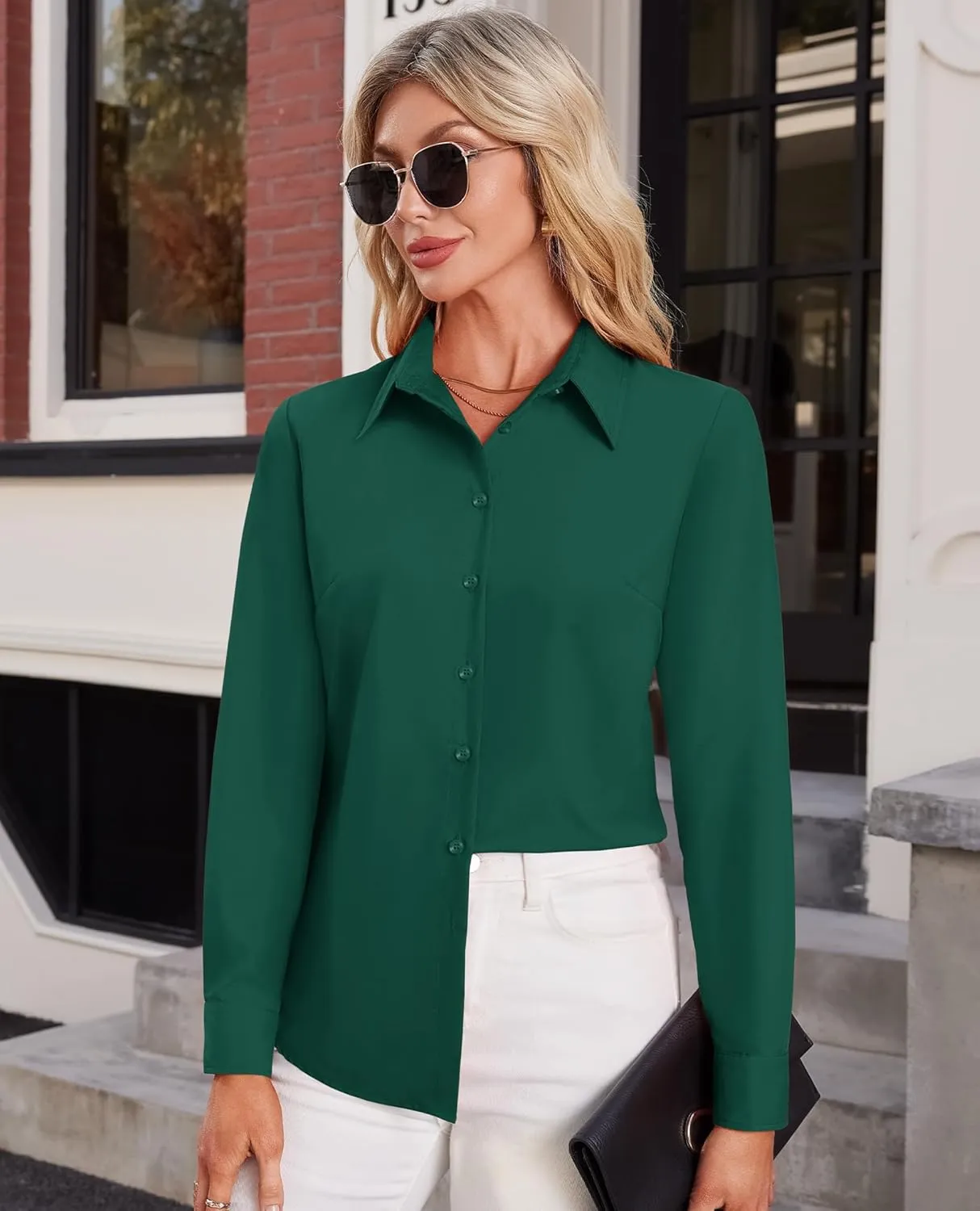 Button Down Shirts for Women Business Casual Blouses Long Sleeve Fit Dress Shirt Collar Wrinkle Free Work Tops