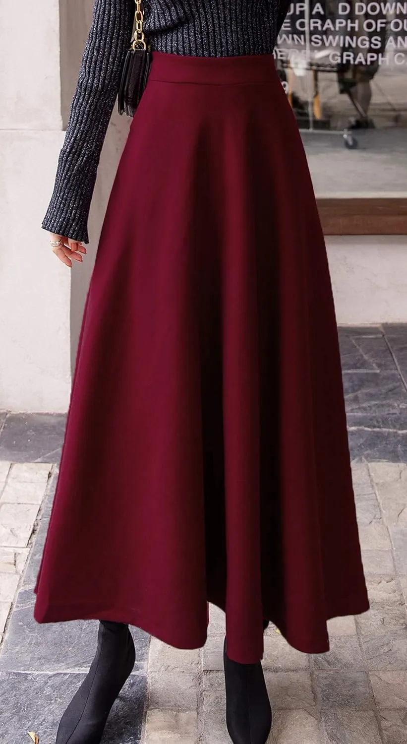 chouyatou Women's Fall Winter A-Line Swing Pleated Long Maxi Wool Skater Skirt