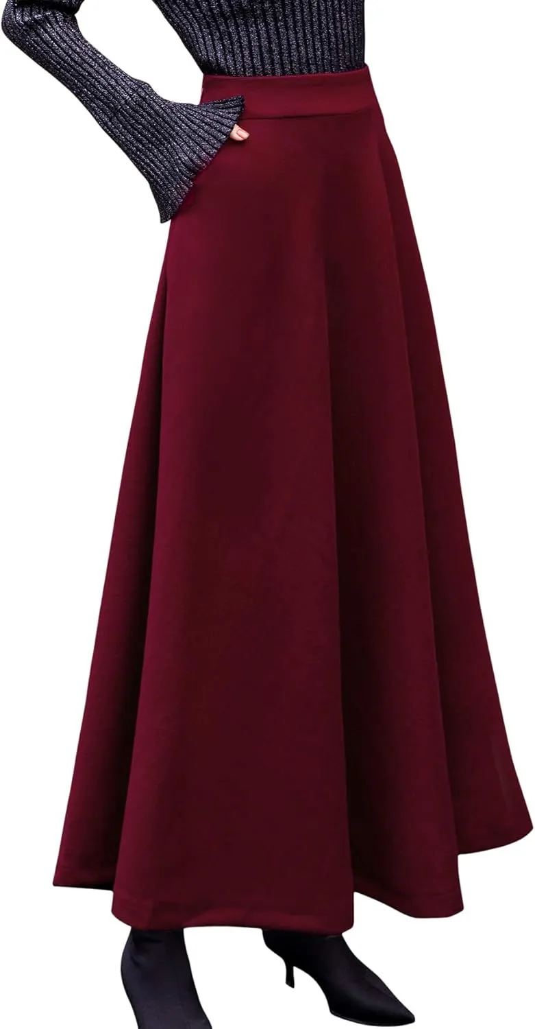 chouyatou Women's Fall Winter A-Line Swing Pleated Long Maxi Wool Skater Skirt