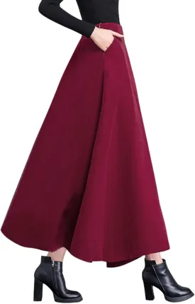chouyatou Women's Fall Winter A-Line Swing Pleated Long Maxi Wool Skater Skirt