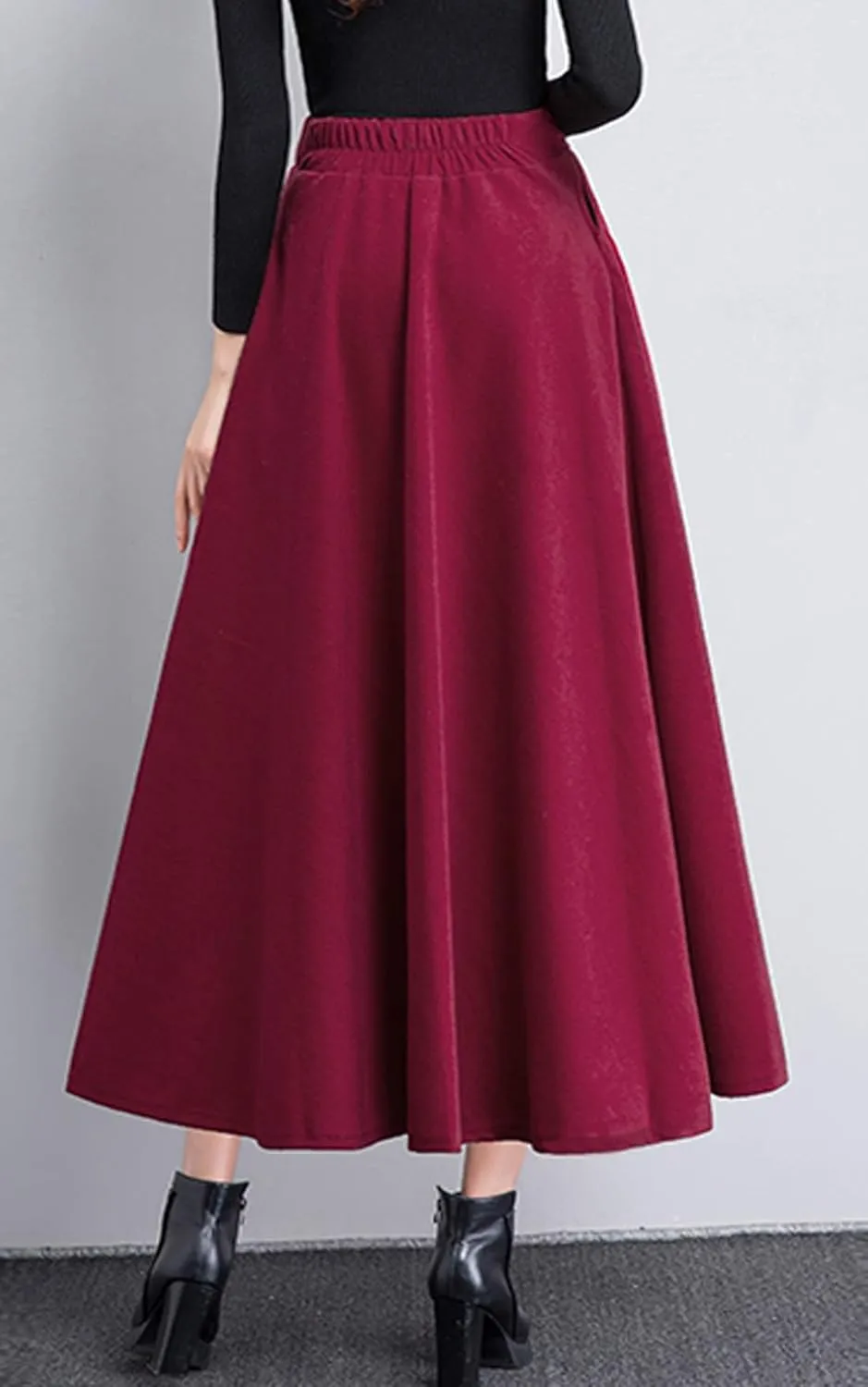 chouyatou Women's Fall Winter A-Line Swing Pleated Long Maxi Wool Skater Skirt