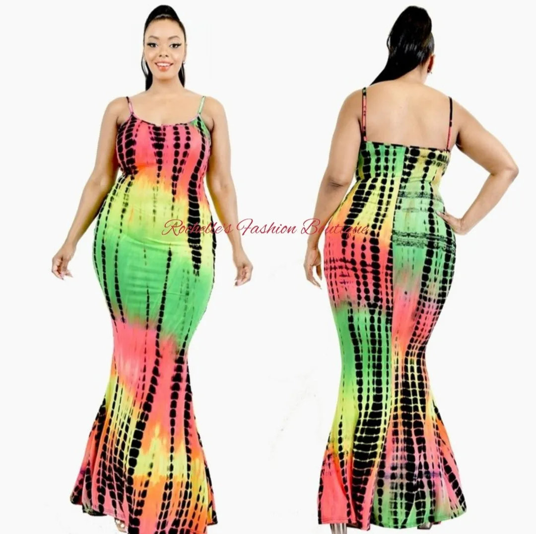 COLOR TIE-DYE PLUS PRINT CAMI STRAP MAXI DRESS