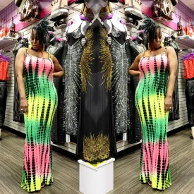 COLOR TIE-DYE PLUS PRINT CAMI STRAP MAXI DRESS