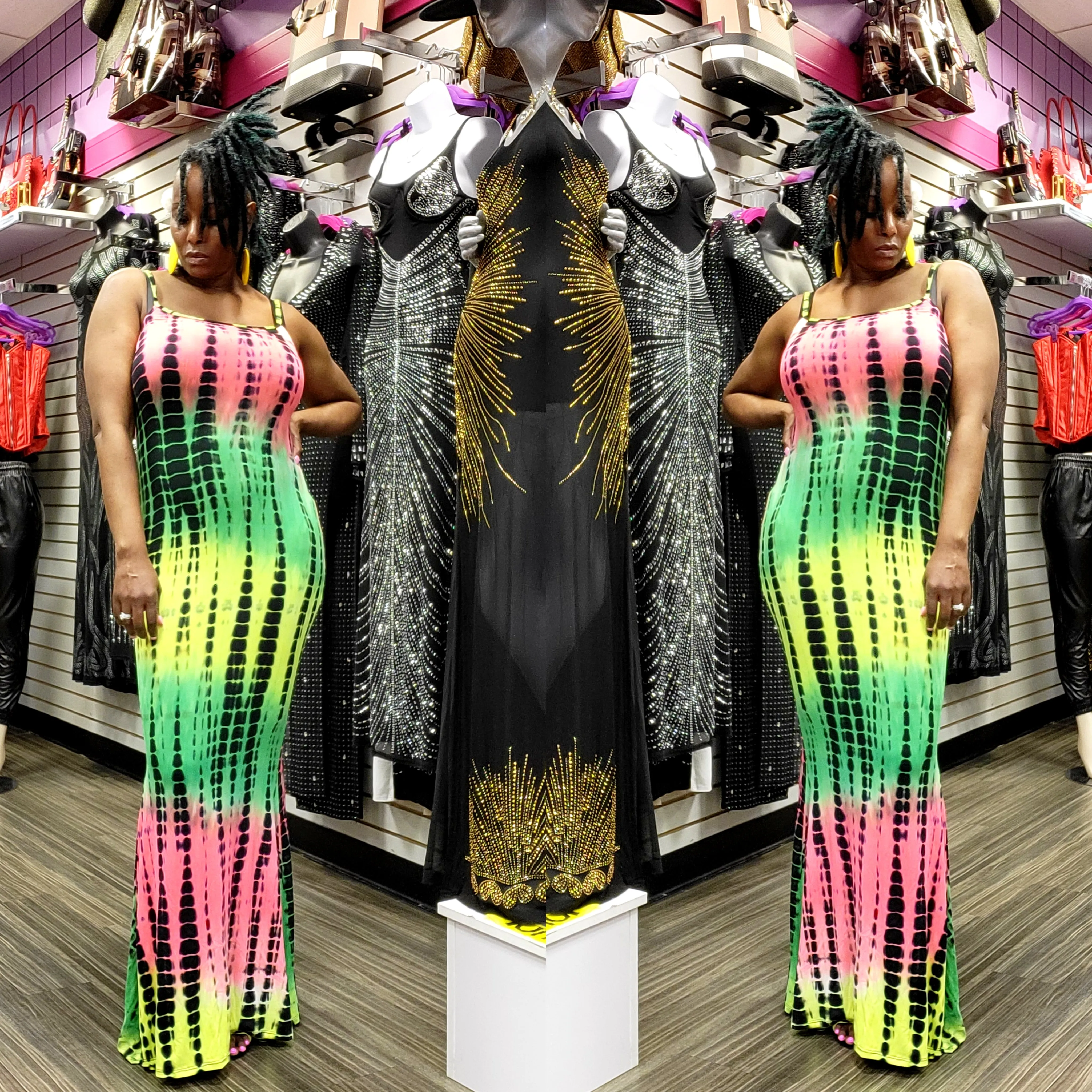 COLOR TIE-DYE PLUS PRINT CAMI STRAP MAXI DRESS