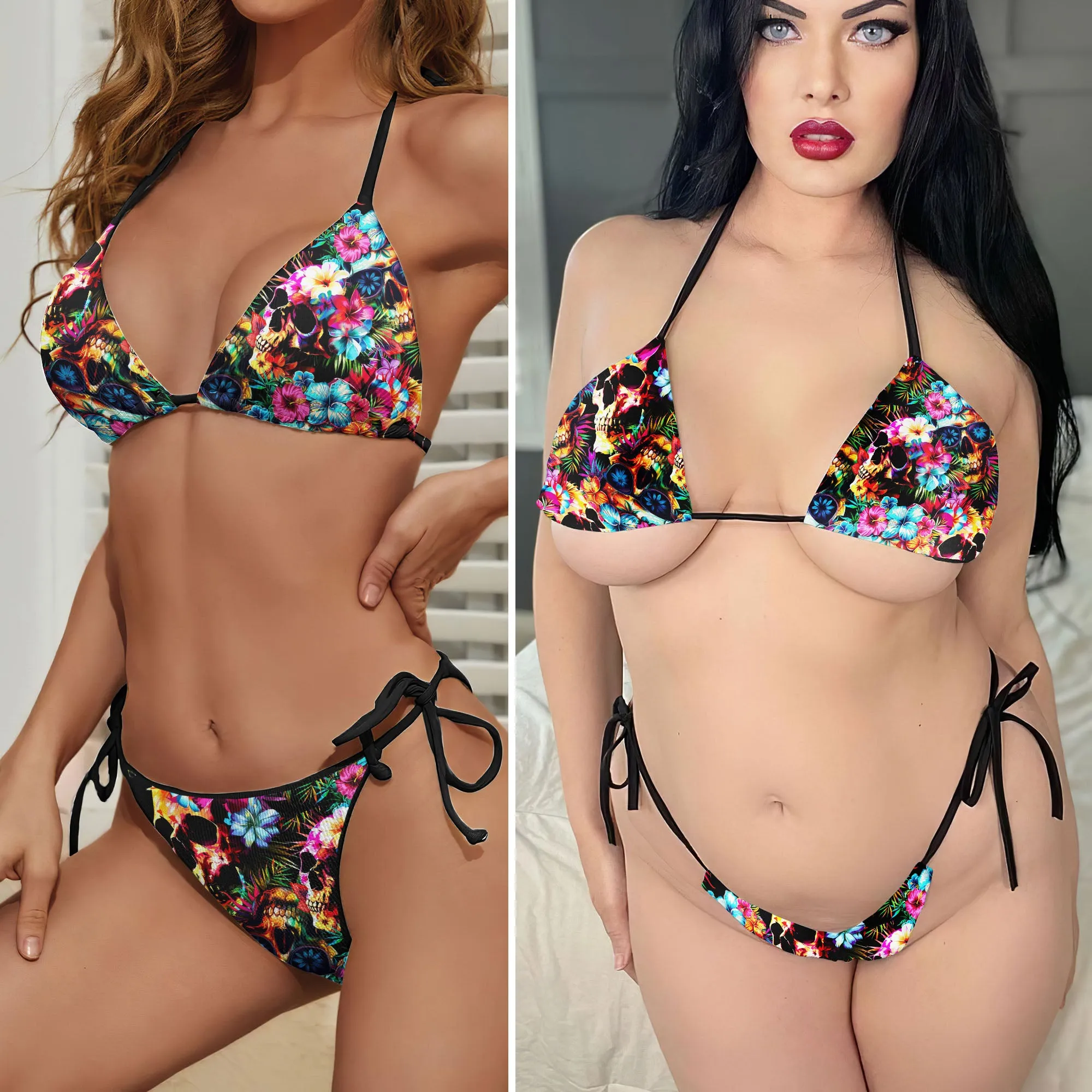Colorful Skull Flower Micro Triangle Bikini Swimsuit