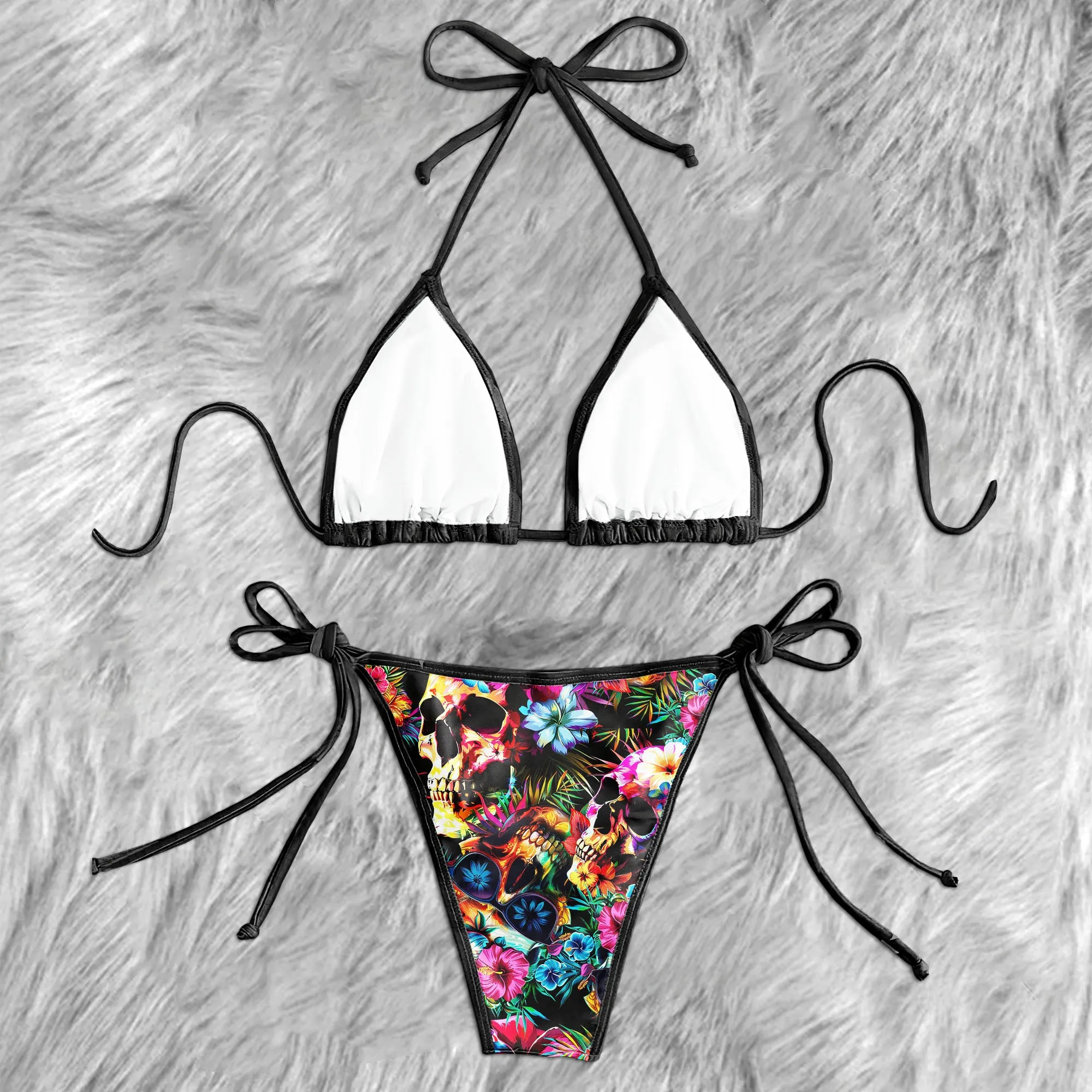 Colorful Skull Flower Micro Triangle Bikini Swimsuit