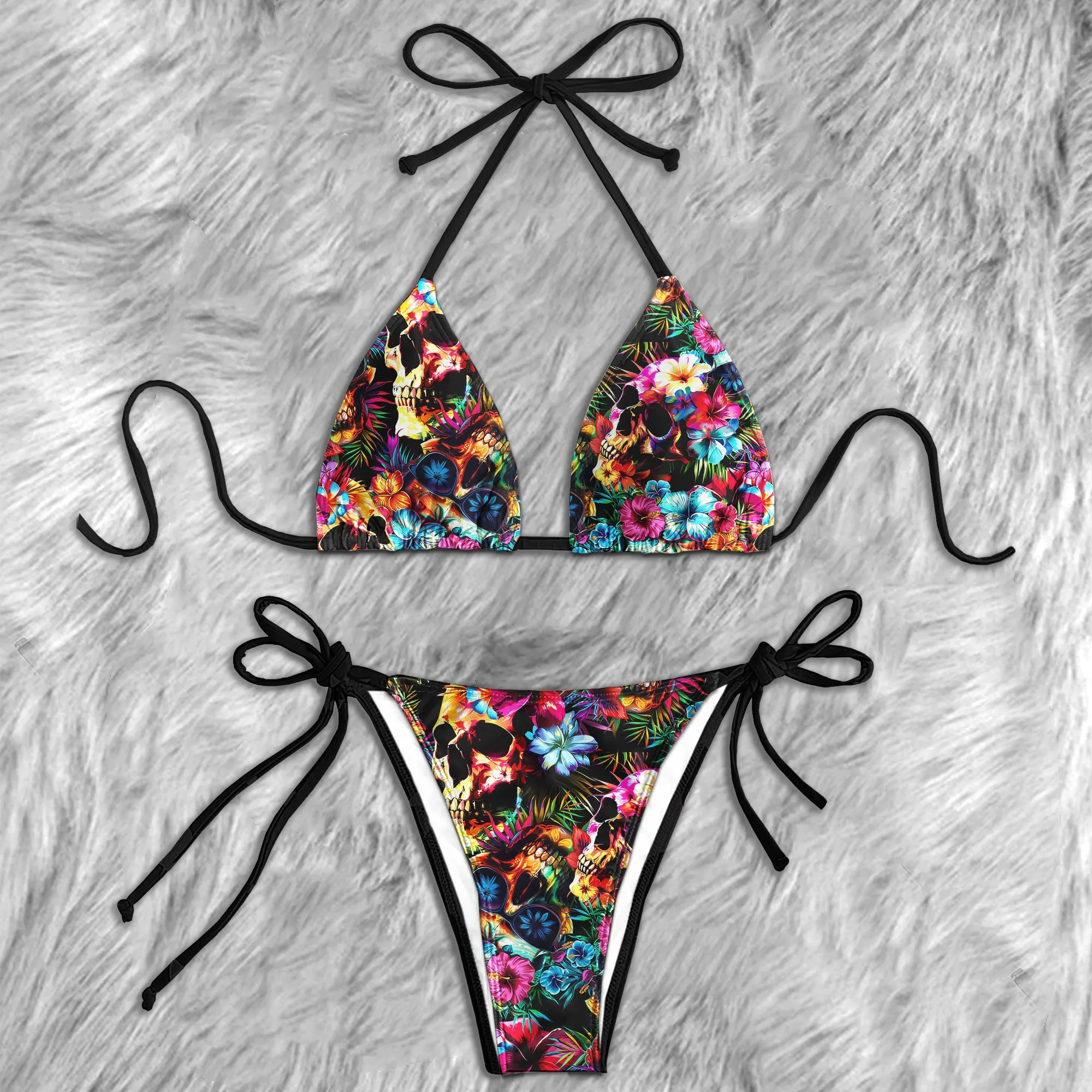 Colorful Skull Flower Micro Triangle Bikini Swimsuit