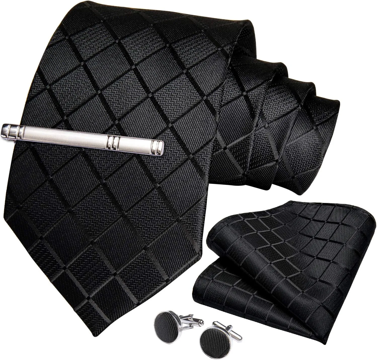 DiBanGu Plaid Ties for Men Silk Checkered Necktie and Pocket Square Cufflinks Tie Clip Set with Gift Box for Wedding Business
