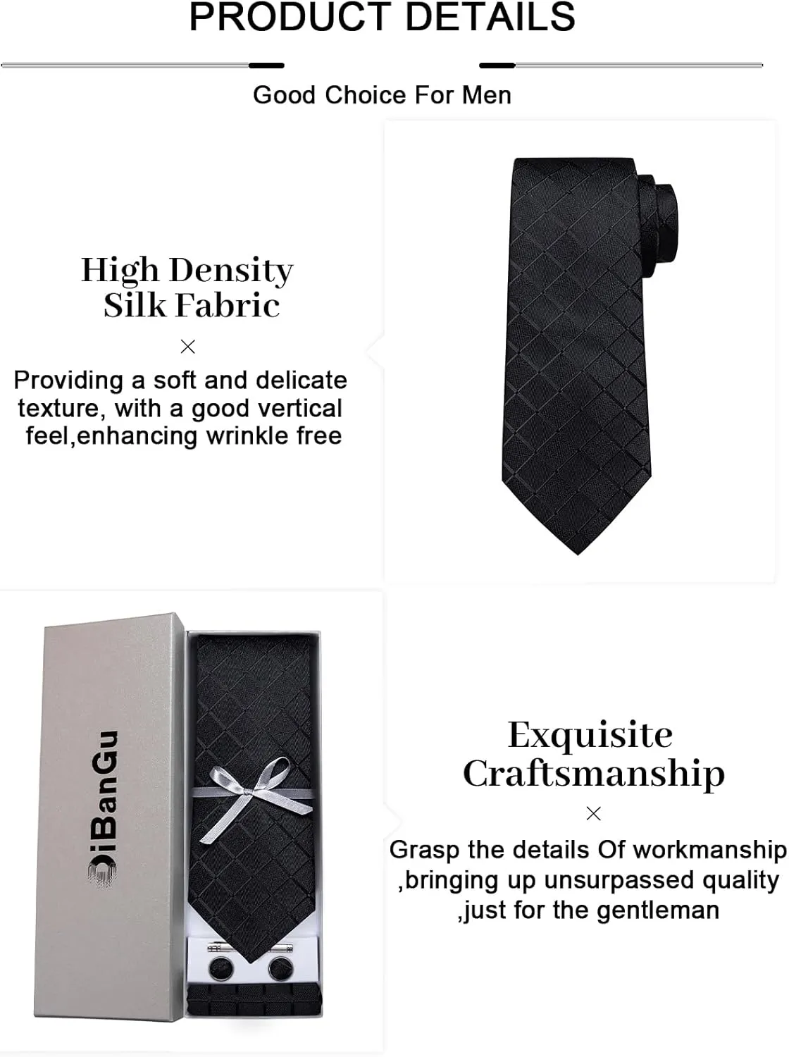 DiBanGu Plaid Ties for Men Silk Checkered Necktie and Pocket Square Cufflinks Tie Clip Set with Gift Box for Wedding Business
