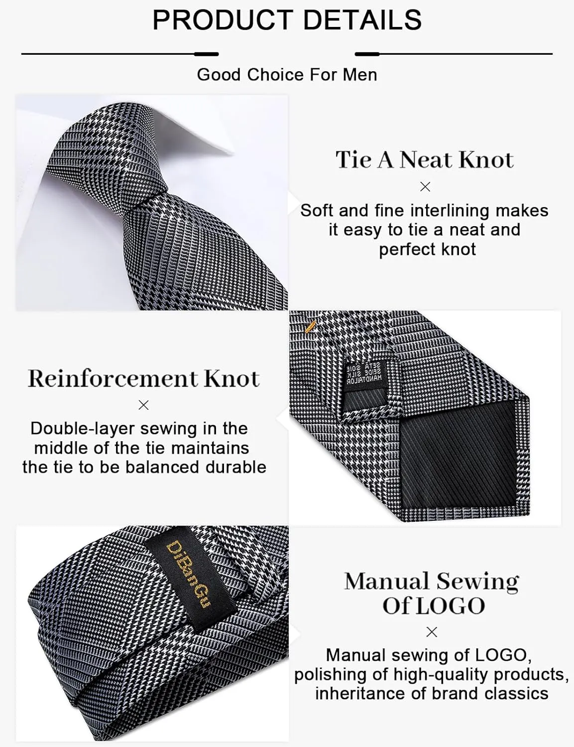 DiBanGu Plaid Ties for Men Silk Checkered Necktie and Pocket Square Cufflinks Tie Clip Set with Gift Box for Wedding Business
