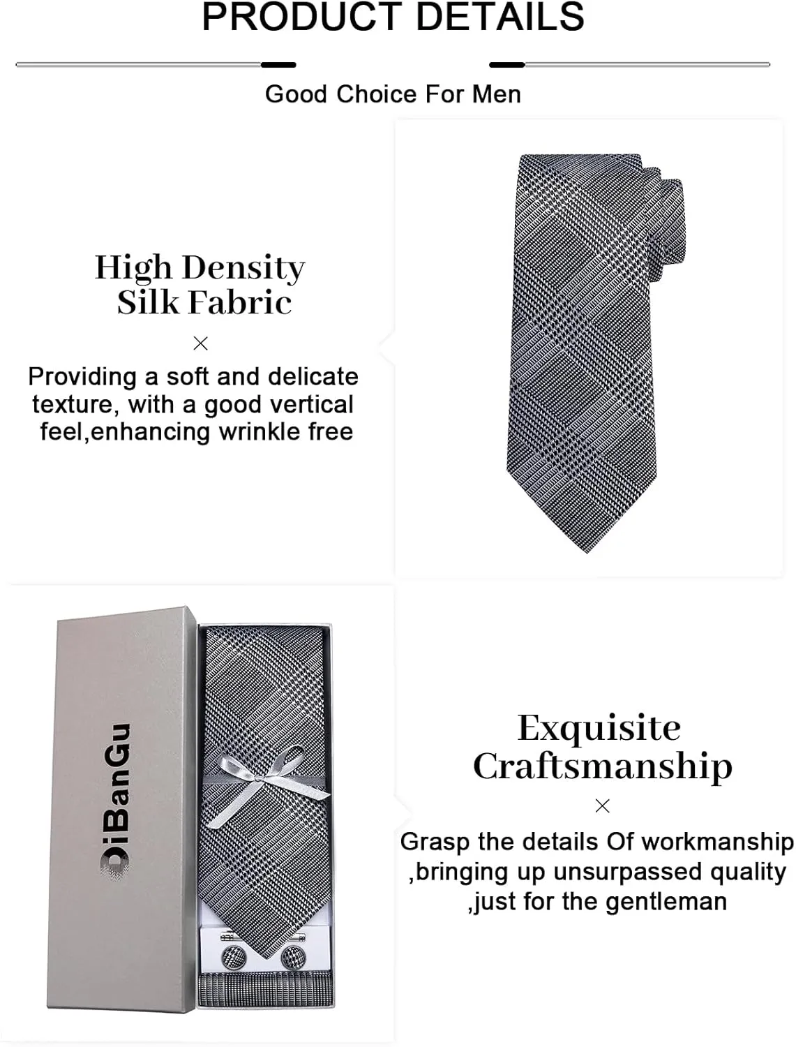 DiBanGu Plaid Ties for Men Silk Checkered Necktie and Pocket Square Cufflinks Tie Clip Set with Gift Box for Wedding Business