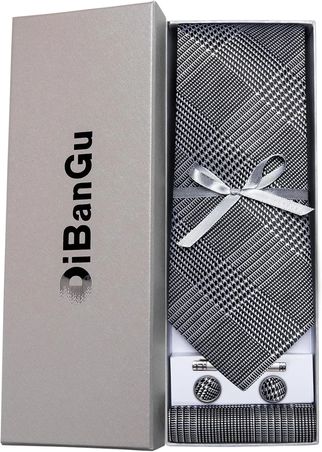 DiBanGu Plaid Ties for Men Silk Checkered Necktie and Pocket Square Cufflinks Tie Clip Set with Gift Box for Wedding Business