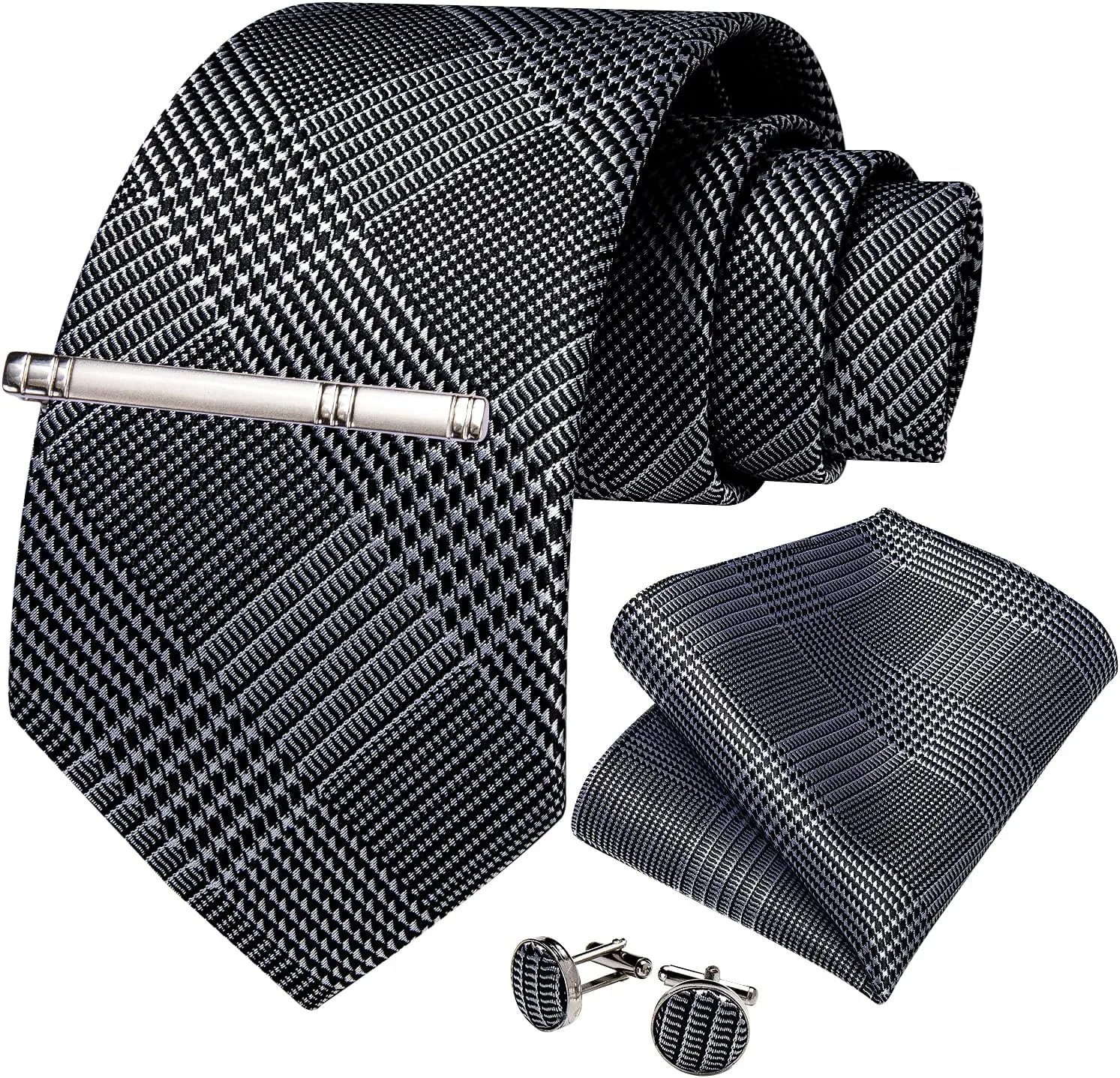 DiBanGu Plaid Ties for Men Silk Checkered Necktie and Pocket Square Cufflinks Tie Clip Set with Gift Box for Wedding Business