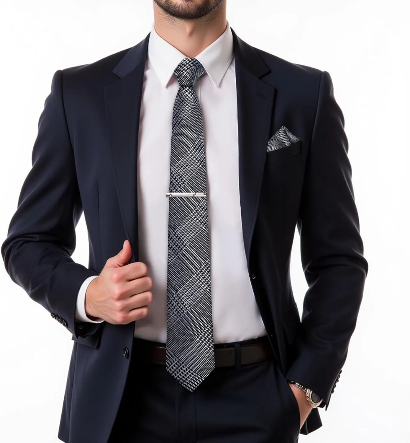 DiBanGu Plaid Ties for Men Silk Checkered Necktie and Pocket Square Cufflinks Tie Clip Set with Gift Box for Wedding Business