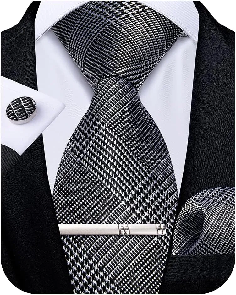 DiBanGu Plaid Ties for Men Silk Checkered Necktie and Pocket Square Cufflinks Tie Clip Set with Gift Box for Wedding Business