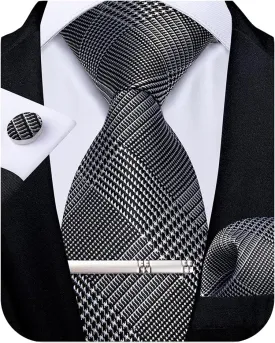 DiBanGu Plaid Ties for Men Silk Checkered Necktie and Pocket Square Cufflinks Tie Clip Set with Gift Box for Wedding Business