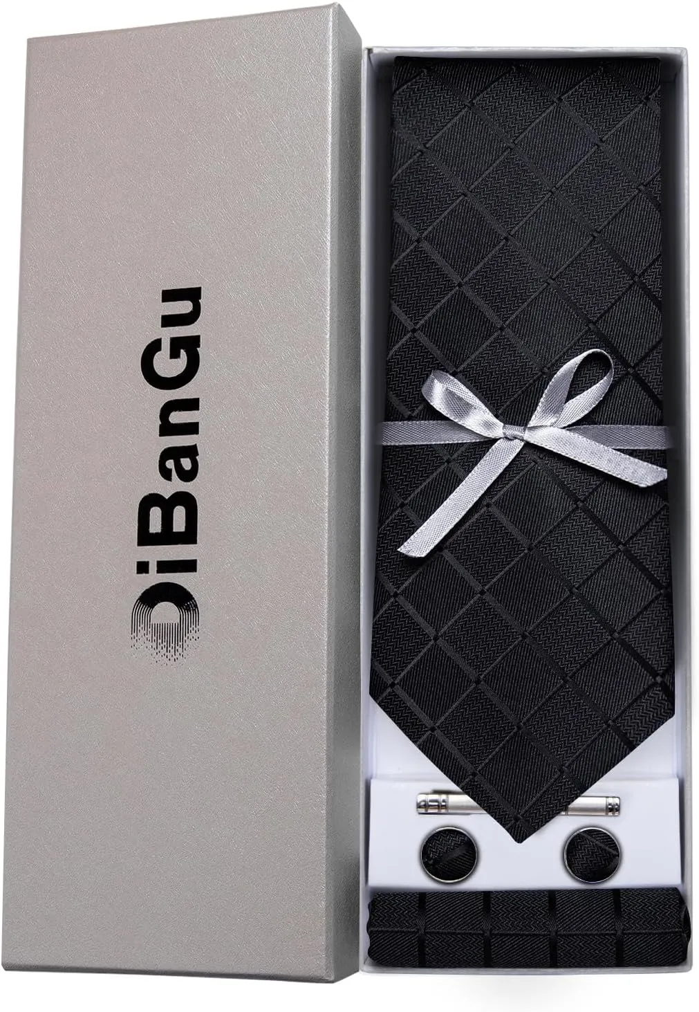 DiBanGu Plaid Ties for Men Silk Checkered Necktie and Pocket Square Cufflinks Tie Clip Set with Gift Box for Wedding Business