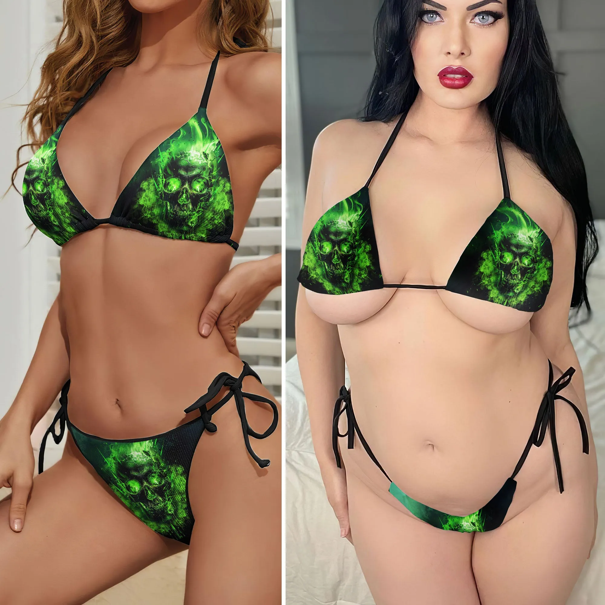 Flaming Green Skull Micro Triangle Bikini Swimsuit