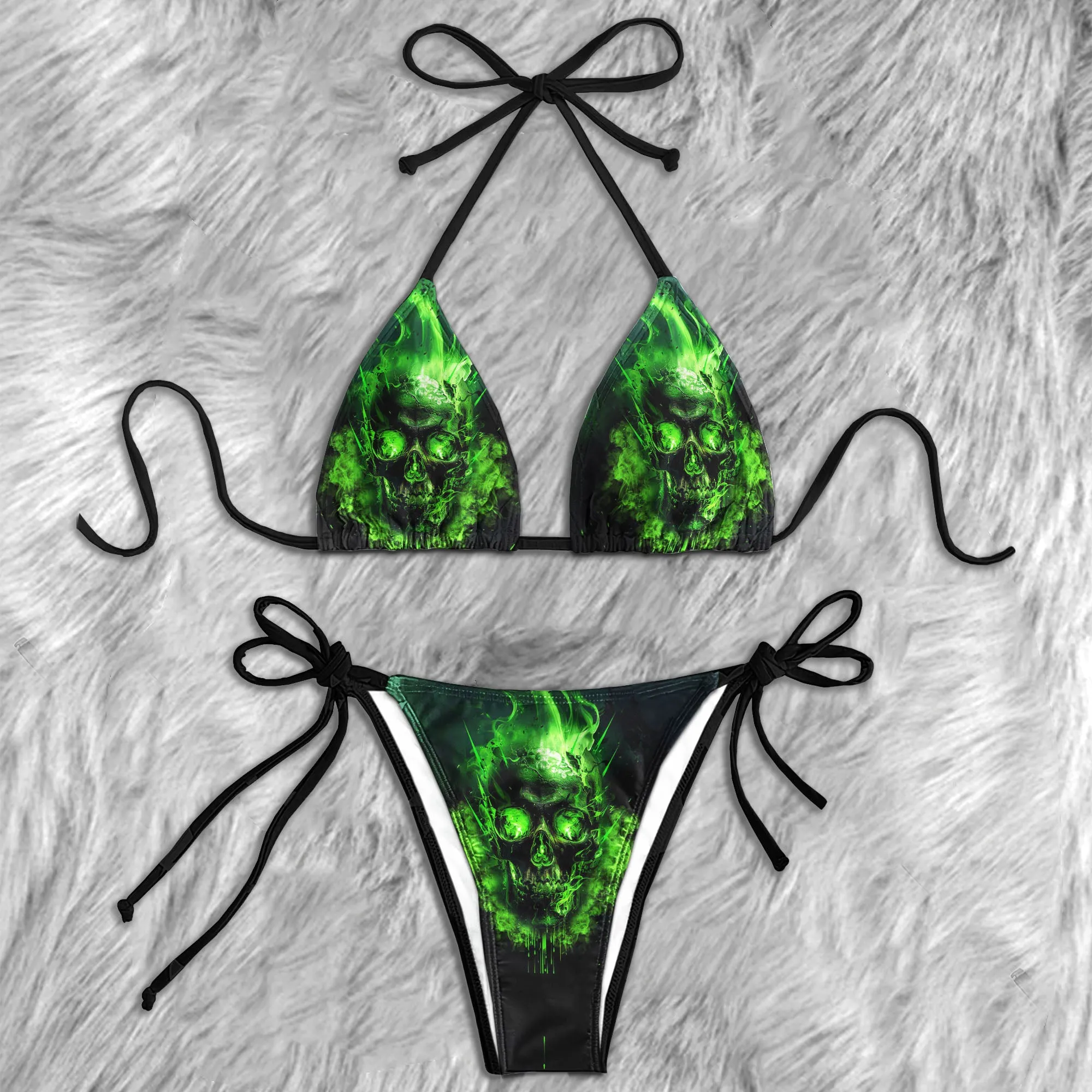 Flaming Green Skull Micro Triangle Bikini Swimsuit
