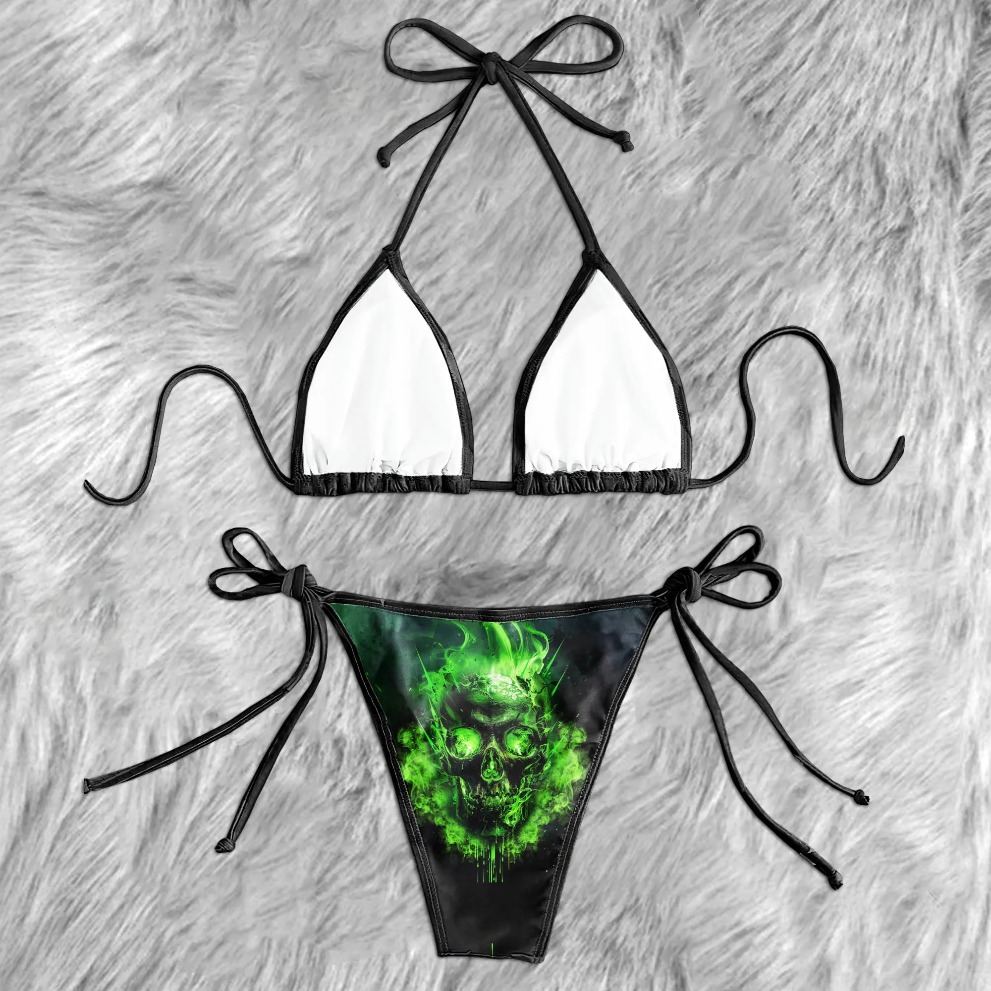 Flaming Green Skull Micro Triangle Bikini Swimsuit