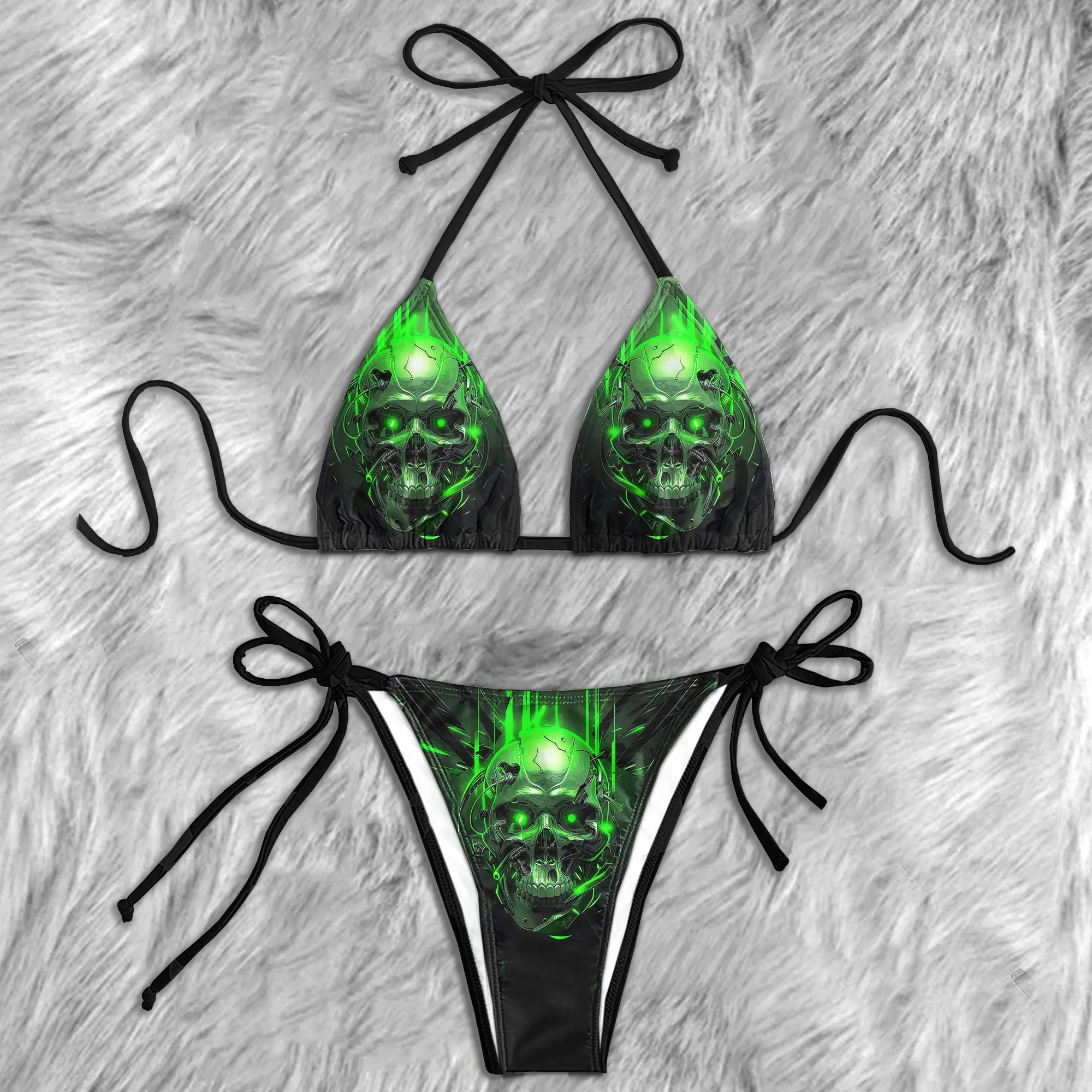 Green Mechanical Skull Micro Triangle Bikini Swimsuit