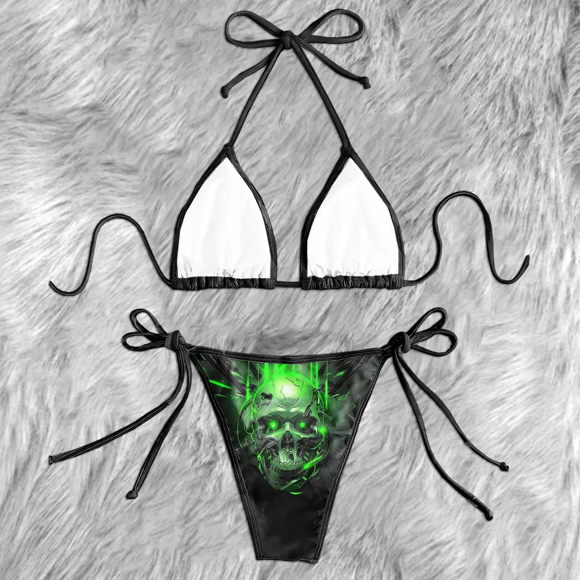 Green Mechanical Skull Micro Triangle Bikini Swimsuit