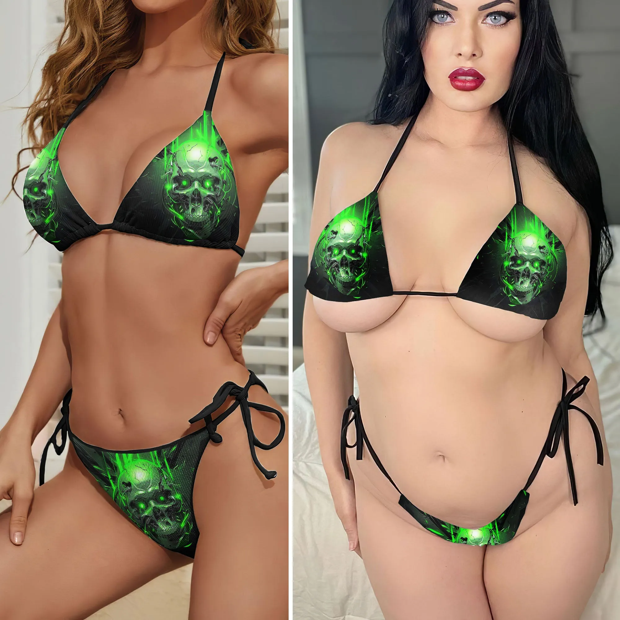 Green Mechanical Skull Micro Triangle Bikini Swimsuit