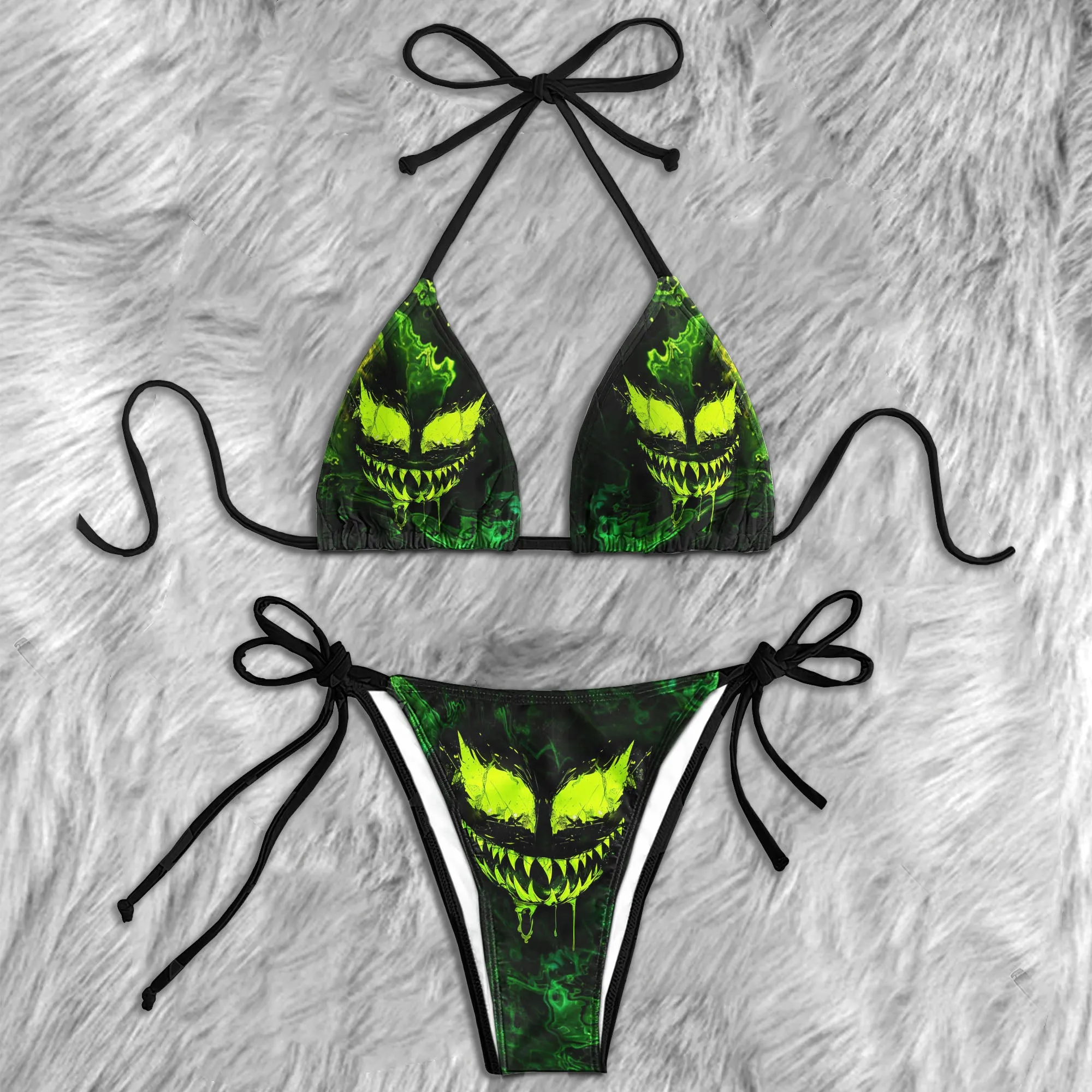 Green Scary Face Micro Triangle Bikini Swimsuit