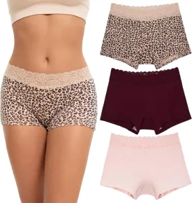 INNERSY Women's Lace Underwear Cotton Soft Boyshorts Panties Boxer Briefs 3-Pack