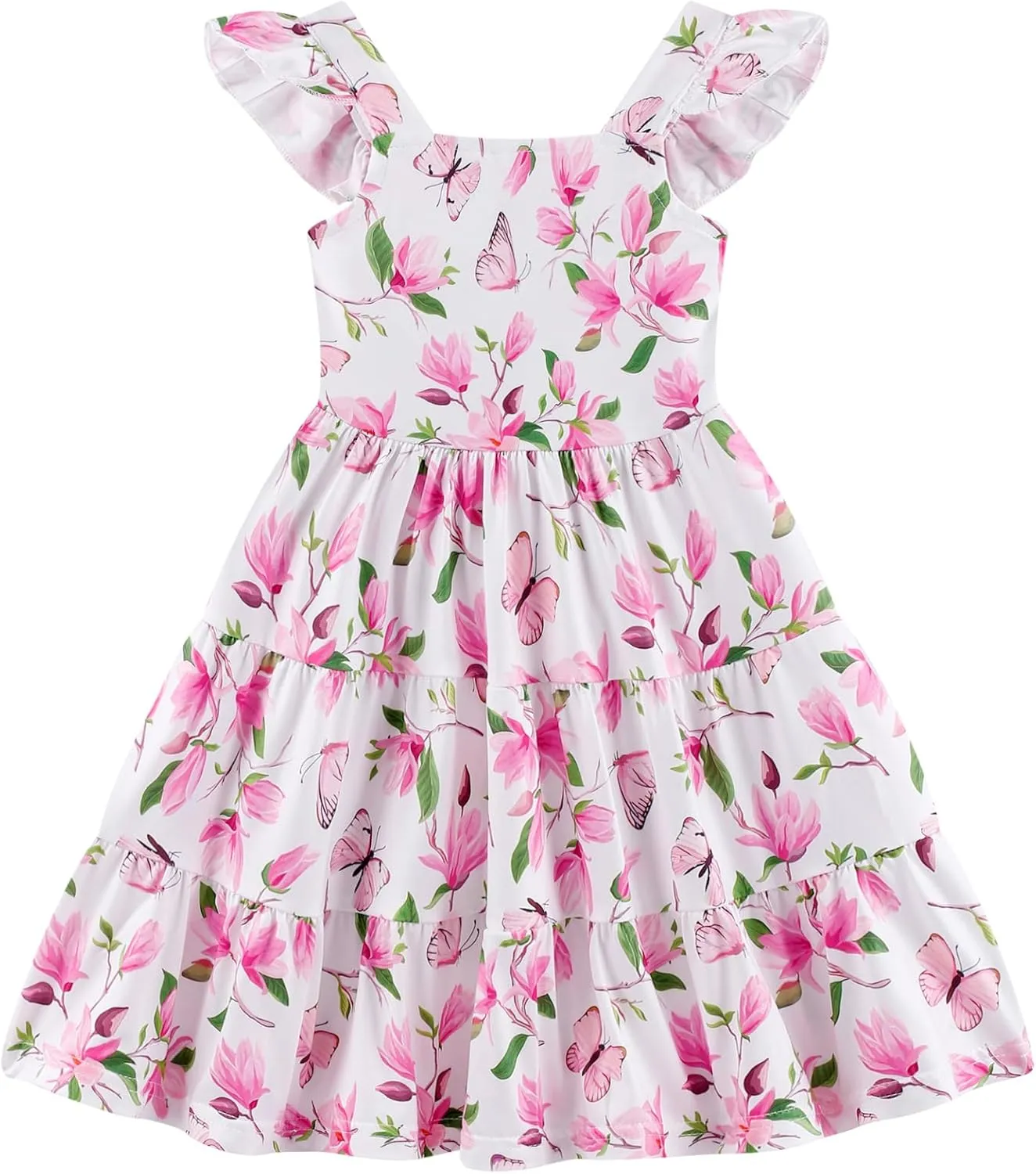 Little Girls Summer Dress - Flutter Sleeve Swing Tiered Sundress Toddler Smocked Dresses Kids Casual Outfits 2T-7T