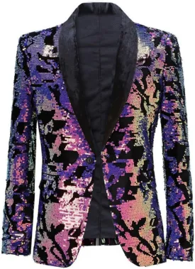 Men's Purple Sequin Blazer Jacket,Velvet Shawl Collar Slim Fit Tuxedo for Weddings, Galas & Evening Events