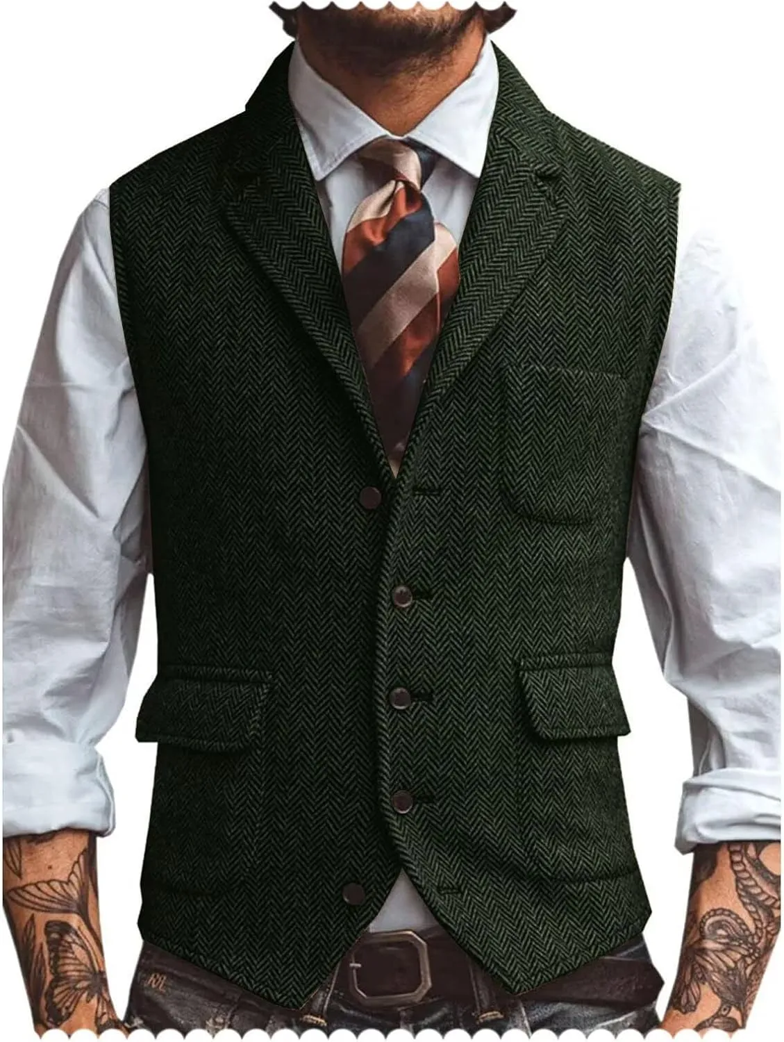 Men's Suit Vest Lapel Herringbone Tweed Business Formal Dress Waistcoat