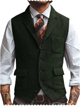 Men's Suit Vest Lapel Herringbone Tweed Business Formal Dress Waistcoat