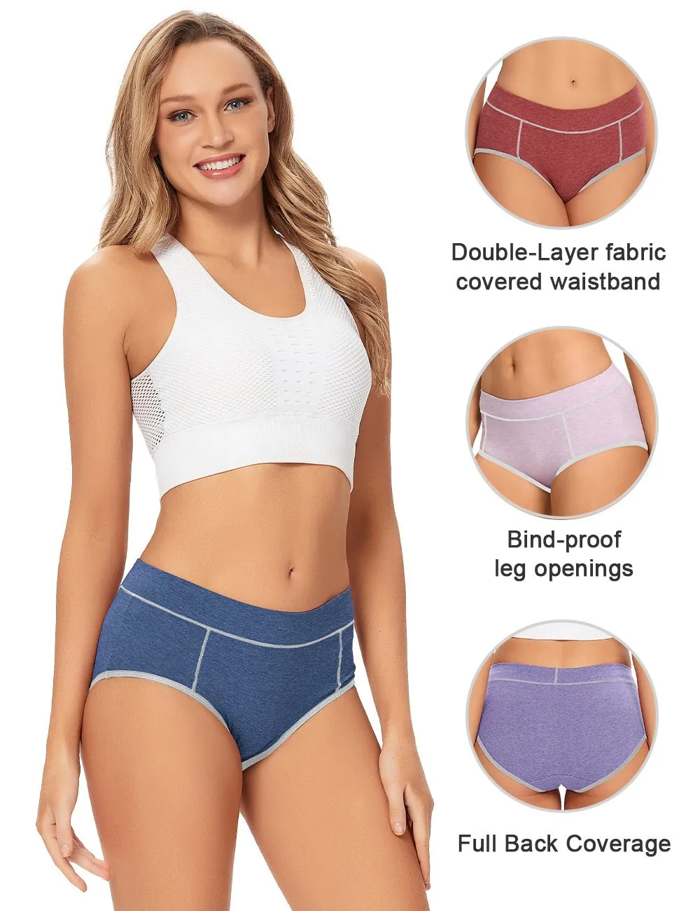 Molasus Women's Soft Cotton Briefs Ladies Mid-High Waisted Full Coverage Panties Multicolor a3