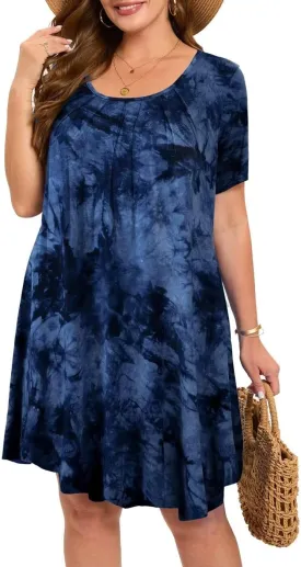 MONNURO Womens Plus Size Summer Dresses Casual Pleated Front Short Sleeve Swing Tunic Tshirt Dress with Pockets