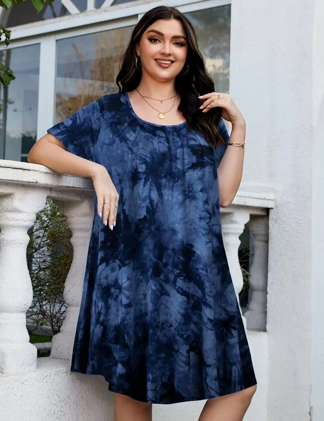 MONNURO Womens Plus Size Summer Dresses Casual Pleated Front Short Sleeve Swing Tunic Tshirt Dress with Pockets
