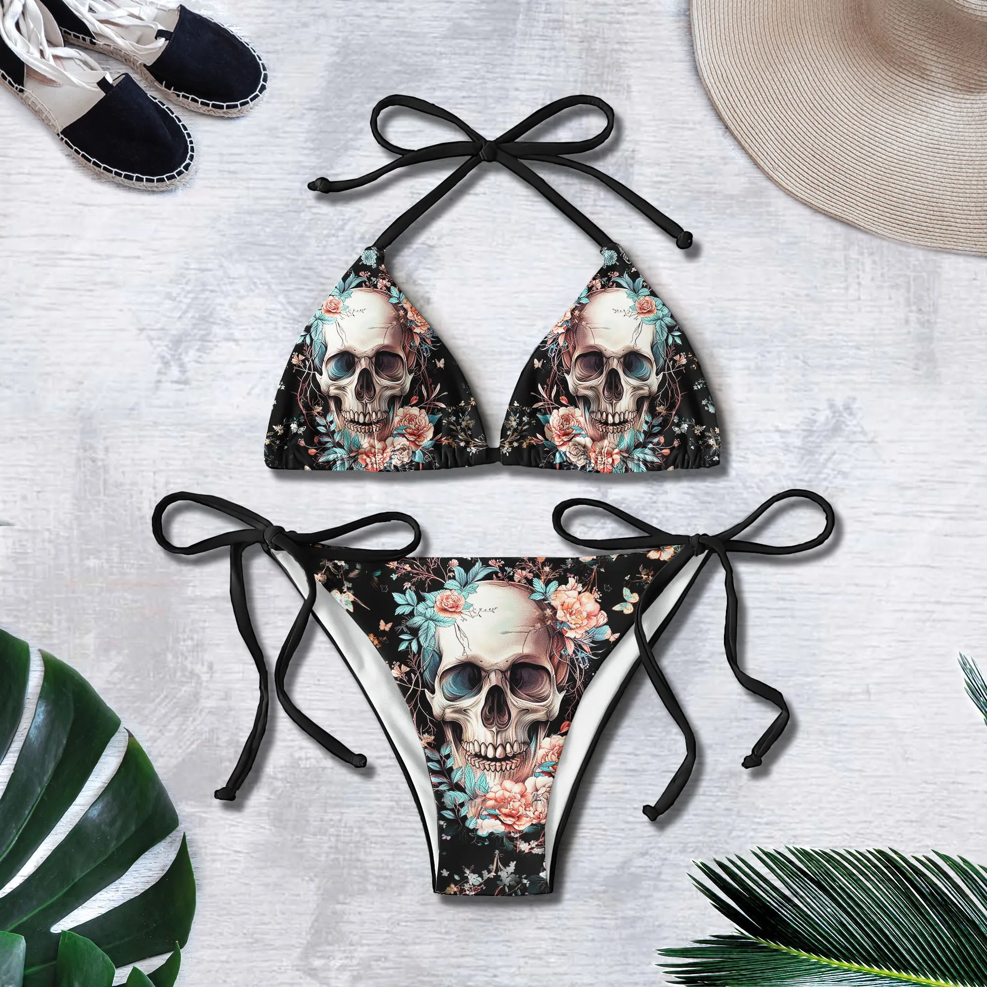Pastel Flower Skull Micro Triangle Bikini Swimsuit